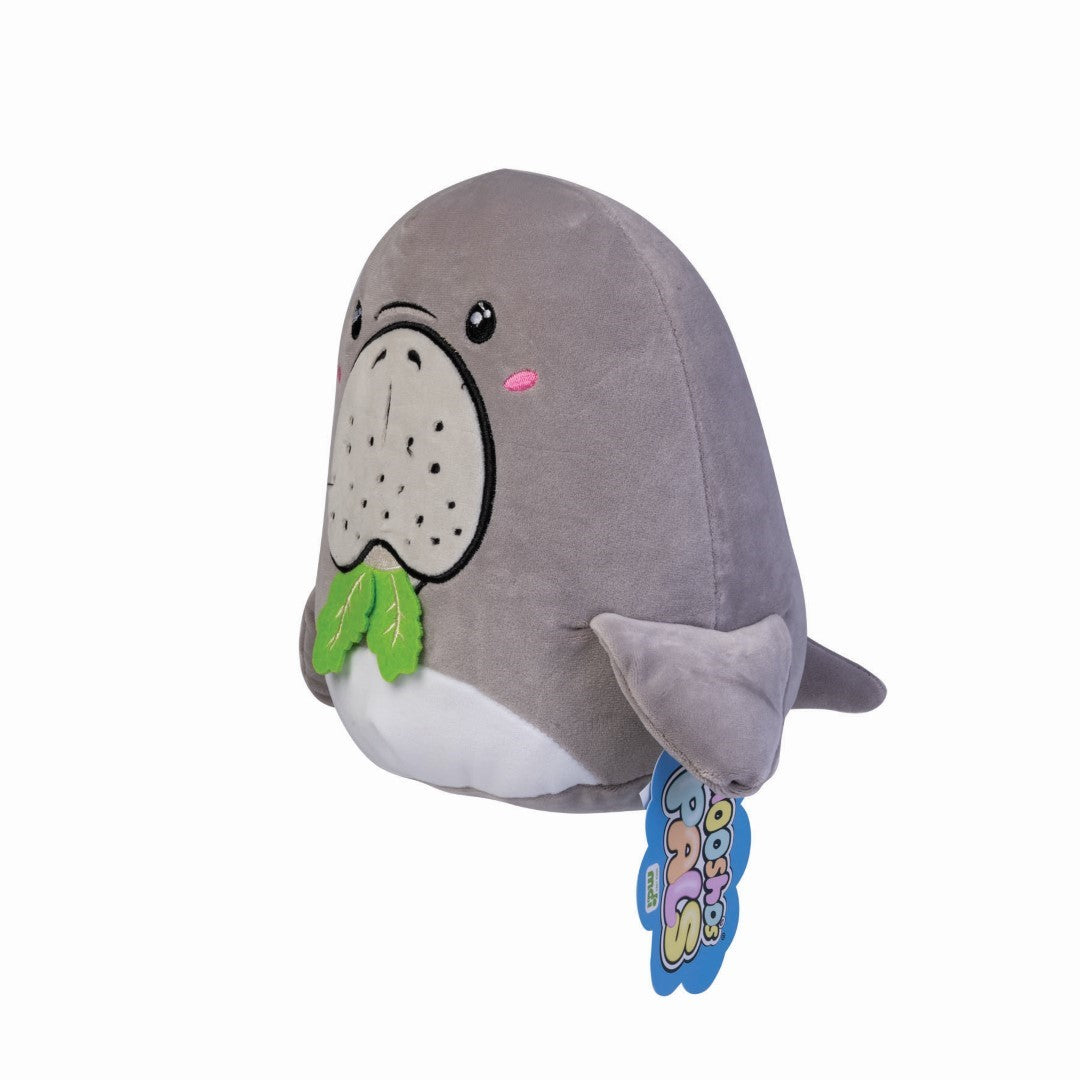 Adorable plush dugong cushion with soft velour fabric and green lettuce peeking from its mouth, perfect for cuddling.