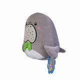 Adorable plush dugong cushion with soft velour fabric and green lettuce peeking from its mouth, perfect for cuddling.