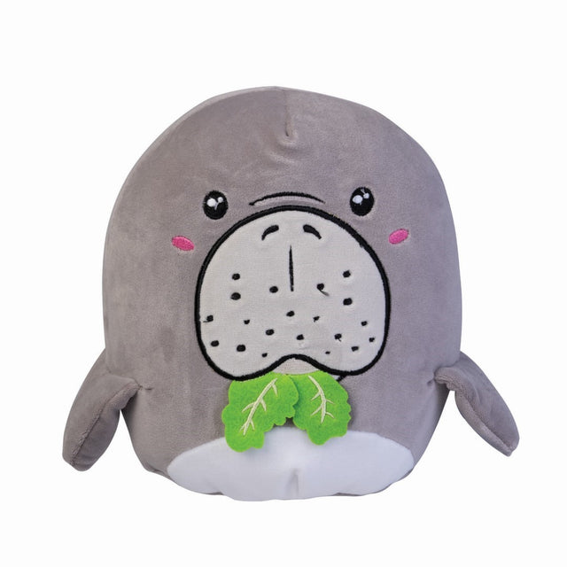 Cute plush dugong cushion with soft velour fabric and lettuce peeking out, perfect for cuddling and imaginative play.