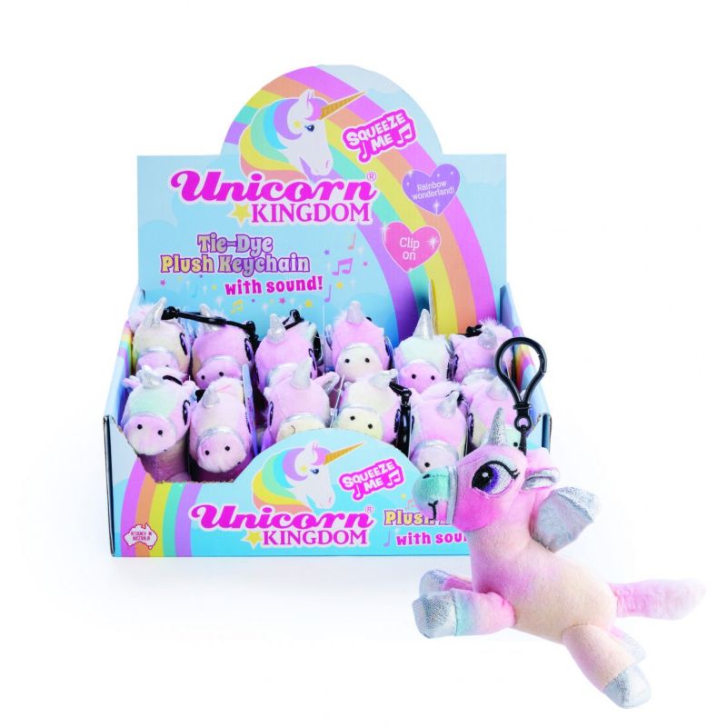 Colorful plush unicorn keychain with sound, featuring tie-dye design and metallic accents, perfect for gifts and accessories.