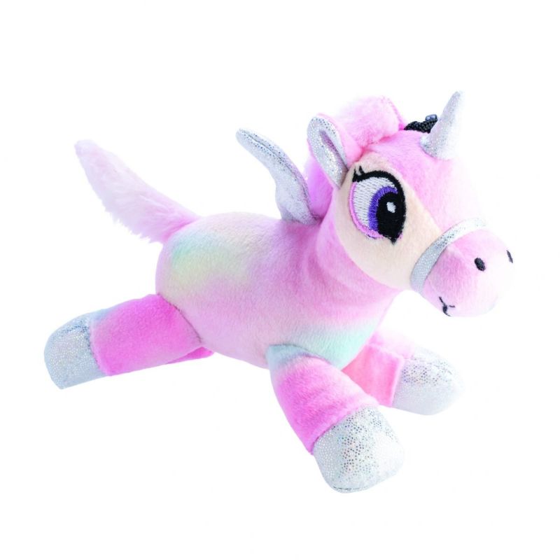 Soft plush unicorn keychain with tie-dye design, magical sound, and shimmering accents, perfect for keys or bags.