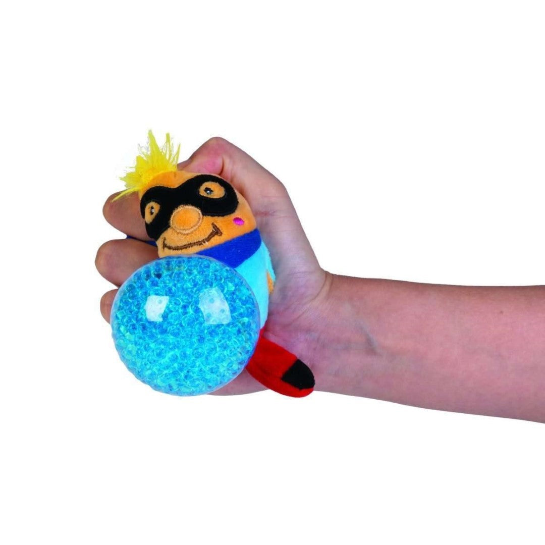 Set of 12 vibrant superhero plush balls, perfect for stress relief and sensory play, with colorful jellies that pop when squeezed.