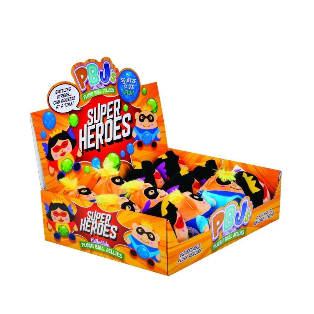 Vibrant Super Heroes Plush Ball Jellies set of 12, ideal for stress relief with colorful jellies that pop out when squeezed.