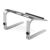 Ergonomic adjustable laptop stand made of steel and aluminum with three height settings for improved comfort and posture.