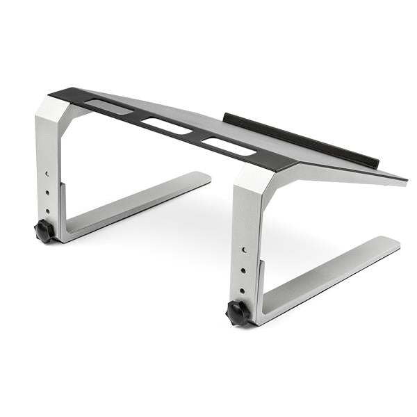 Adjustable laptop stand made of steel and aluminum with three height settings for ergonomic comfort and stability.