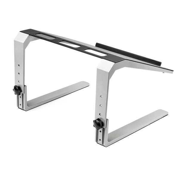 Adjustable laptop stand made of steel and aluminum, featuring three height settings for ergonomic comfort and stability.