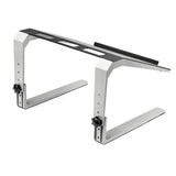 Adjustable laptop stand made of steel and aluminum, featuring three height settings for ergonomic comfort and stability.