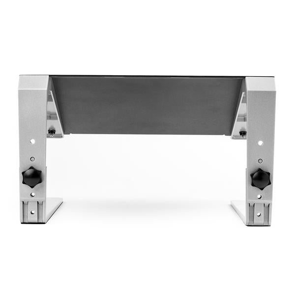 Adjustable laptop stand made of steel and aluminum with three height settings for ergonomic comfort and optimal viewing.