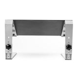 Adjustable laptop stand made of steel and aluminum with three height settings for ergonomic comfort and optimal viewing.