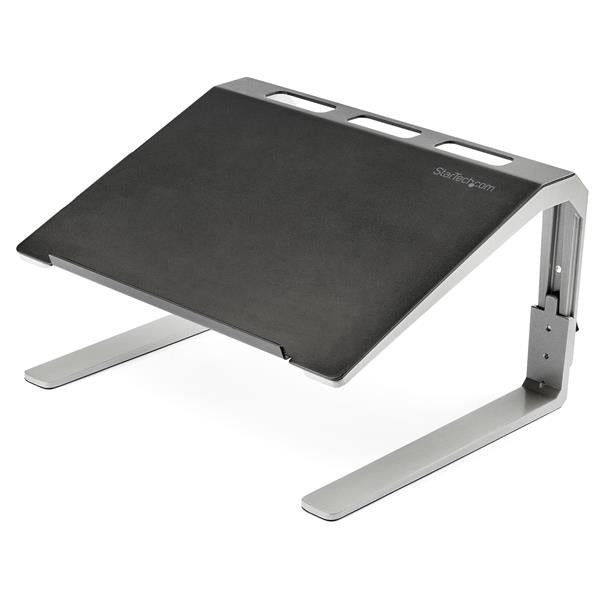 Adjustable laptop stand with steel and aluminum design, featuring three height settings for ergonomic comfort and stability.