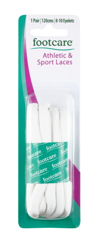 Durable 120cm white athletic shoe laces made from spun polyester, perfect for running and casual footwear.