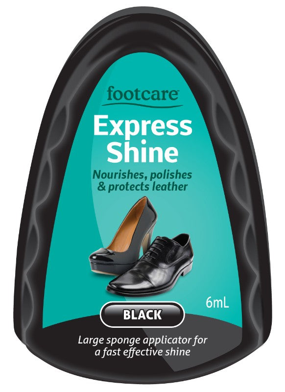 Portable Footcare Express Shine Black 6mL polish nourishes and protects leather, providing an instant, superior shine.