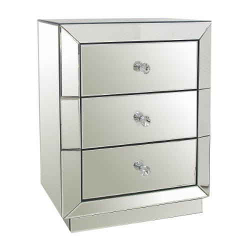 Stylish white mirrored bedside table with three spacious drawers for organized storage and elegant bedroom decor.