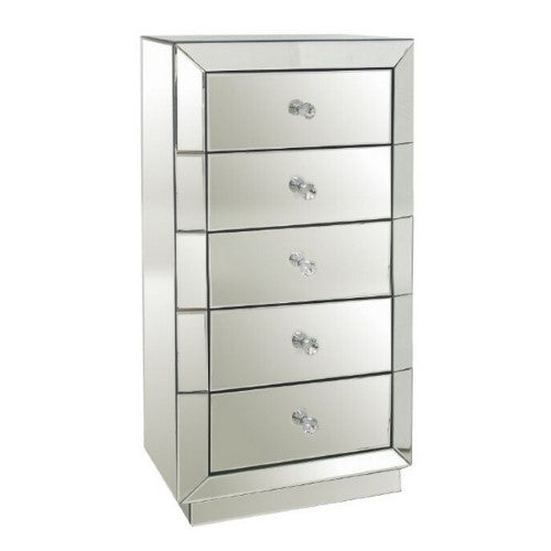 Elegant Mirrored Tallboy with five spacious drawers in white, offering stylish storage for clothes and accessories.