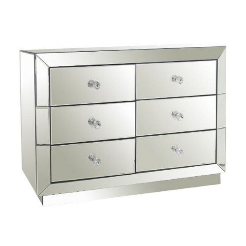 Elegant white mirrored dresser with six spacious drawers, perfect for stylish storage in modern bedrooms.