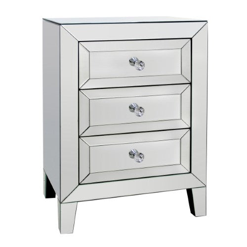 Mirrored bedside table with three drawers in chic white, perfect for stylish storage and enhancing bedroom decor.