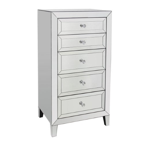 Stylish white mirrored tallboy with five spacious drawers, perfect for elegant bedroom storage and decor.