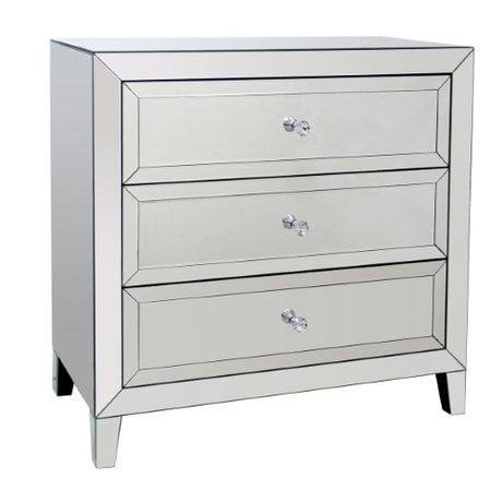 Stylish white mirrored dresser with three spacious drawers, enhancing bedroom decor and functionality.