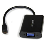 Micro HDMI to VGA adapter connecting devices for HD video and audio output, ideal for presentations and home entertainment.