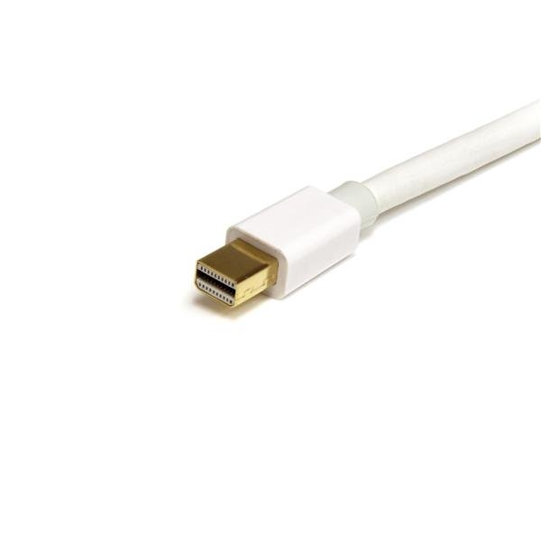 White Mini DisplayPort cable (10 ft) with male connectors, ideal for connecting laptops to monitors, offering excellent video and audio quality.