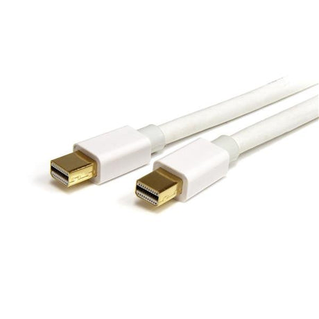 White 10 ft Mini DisplayPort cable with male connectors, designed for seamless connections between devices and monitors.