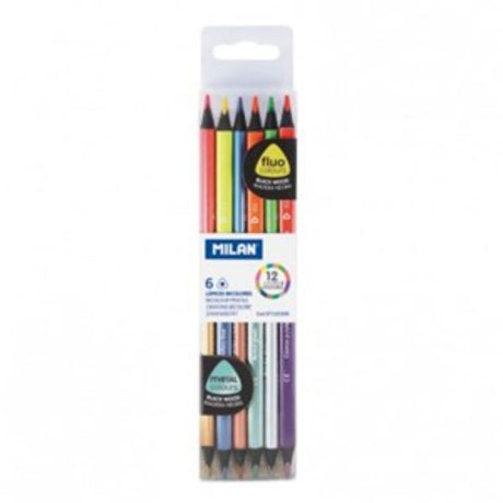 Vibrant Milan Bicolour Pencils Fluo-Metal 6's with ergonomic design, dual colors, and smooth blending for creative projects.