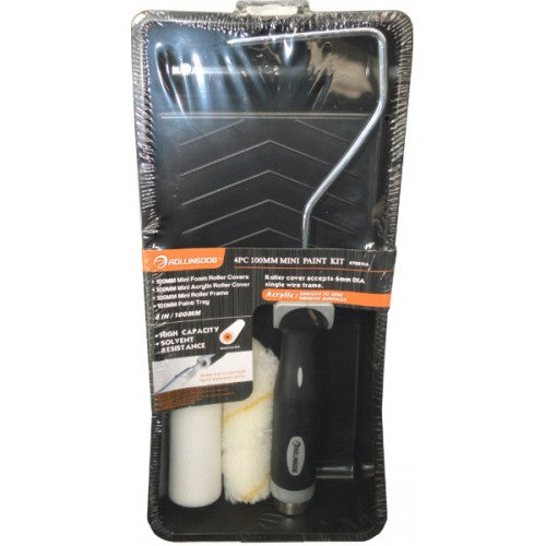 Mini paint roller kit with tray, foam, and polyacrylic sleeves for easy painting projects.