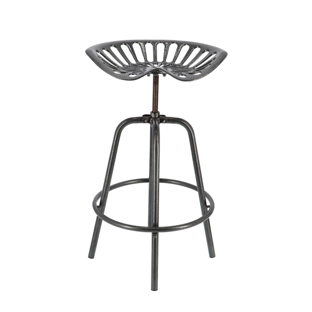 Grey Tractor Bar Stool featuring vintage design, height adjustment, footrest, and padded seat, measuring 50 x 48 x 70cm.