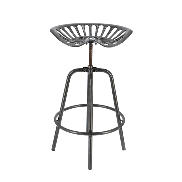 Grey Tractor Bar Stool featuring vintage design, height adjustment, footrest, and padded seat, measuring 50 x 48 x 70cm.