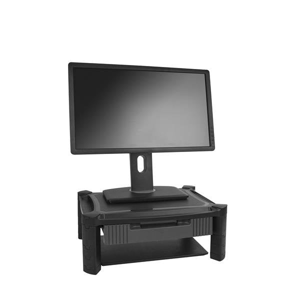 Height adjustable monitor riser with drawer, supports up to 32" monitors, promotes ergonomic viewing, and saves desk space.