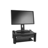 Height adjustable monitor riser with drawer, supports up to 32" monitors, promotes ergonomic viewing, and saves desk space.