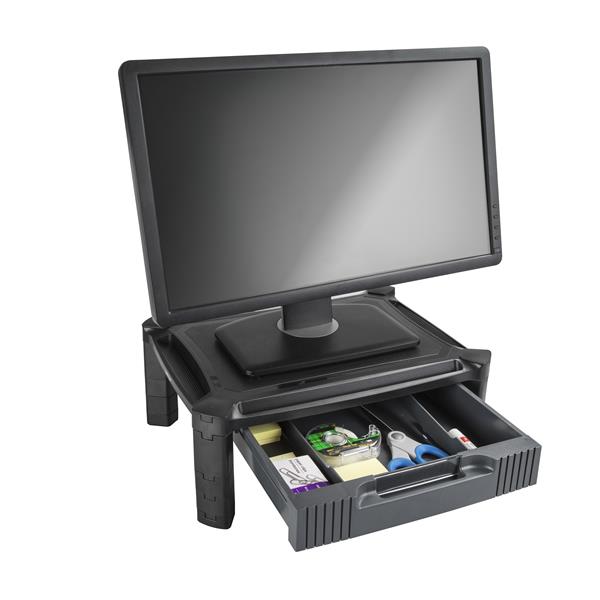 Height adjustable monitor riser with drawer, supports up to 32" monitors, promotes ergonomic viewing, and declutters workspace.