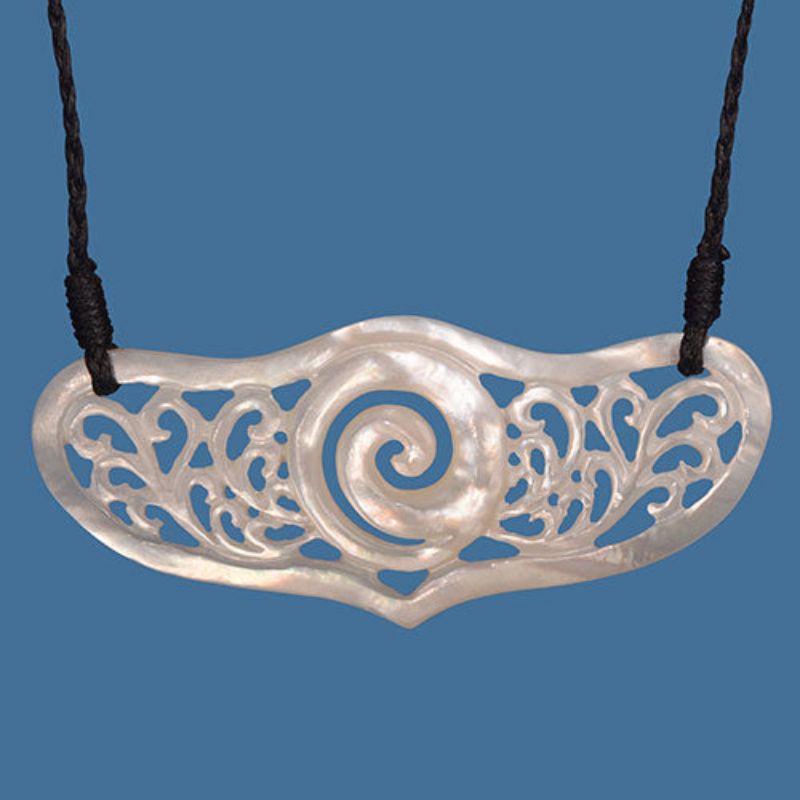 Handcrafted MOP Breastplate Necklace with koru detailing, featuring iridescent shell and adjustable black wax cord.