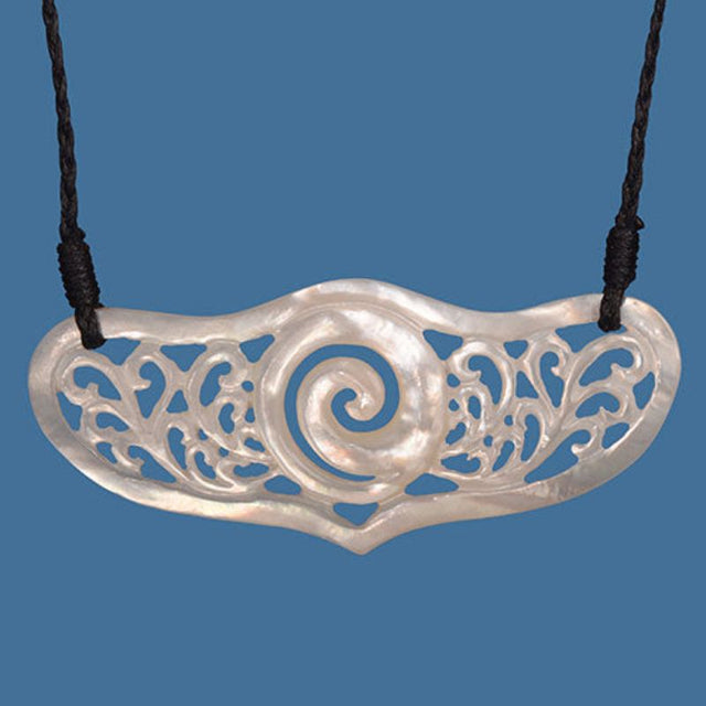 Handcrafted MOP Breastplate Necklace with koru detailing, featuring iridescent shell and adjustable black wax cord.