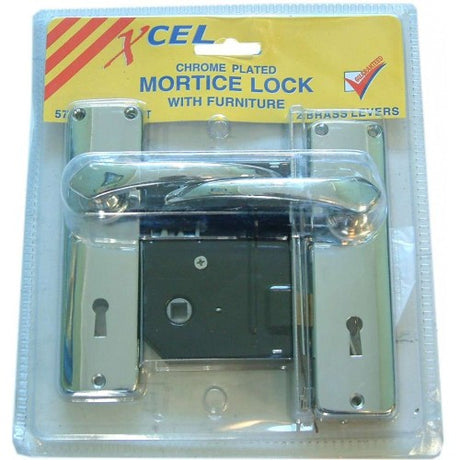 Xcel Std Mortice Lock in C.P. Blister Pack, crafted from solid brass, offering security and elegance for traditional back doors.