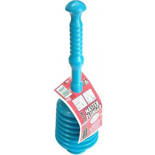 Master Plunger 100 with a rubber head and wooden handle for effective unclogging of sinks, tubs, and toilets.