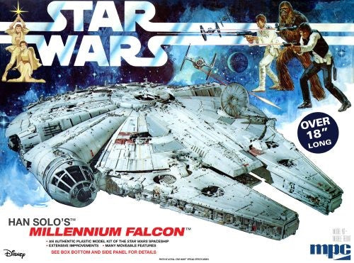 Detailed 1/72 scale model of the Millennium Falcon with movable parts and pilot figures Han Solo and Chewbacca.