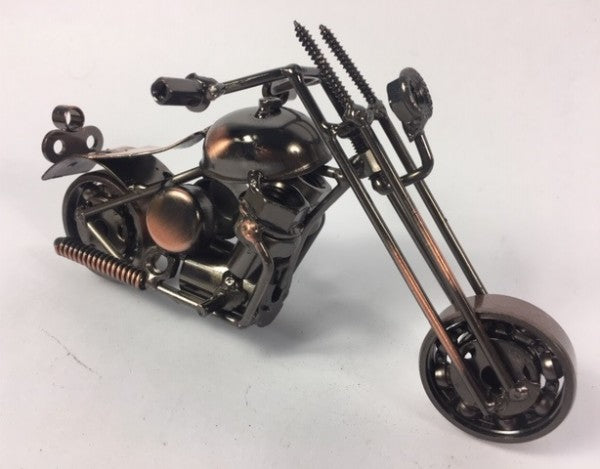 Coiled Copper Chopper Motorbike model, 16cm wide, 8cm high, showcasing intricate copper design and classic chopper style.