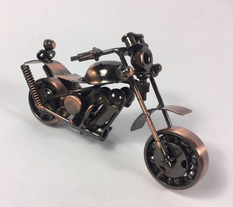 Detailed copper motorbike sculpture measuring 14cm long and 8cm high, showcasing intricate craftsmanship.