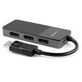 3 Port DisplayPort MST Hub connecting three 4K monitors for enhanced productivity, featuring plug-and-play and HDR support.