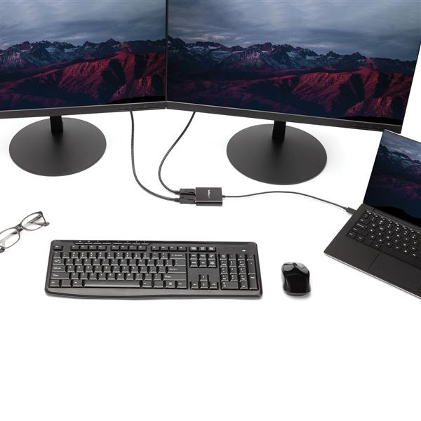 USB-C to DisplayPort MST Hub enabling dual monitor setup for UHD 4K productivity, perfect for multitasking and design work.