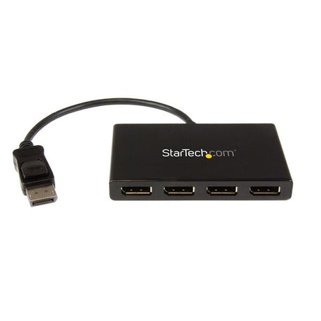 DisplayPort MST hub connecting four monitors, enabling Ultra HD 4K resolution for enhanced productivity and seamless multi-tasking.