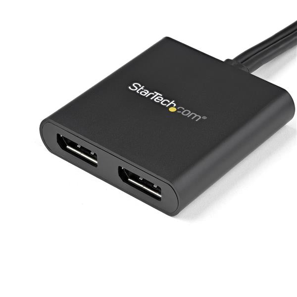 Mini DisplayPort to DisplayPort splitter hub connecting two 4K monitors for enhanced multitasking and productivity.