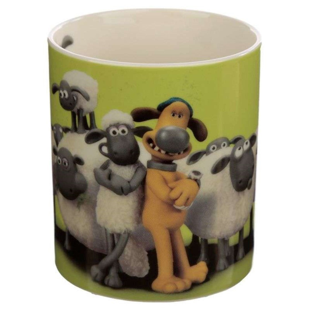 Porcelain mug featuring Shaun the Sheep in green, perfect for drinks, microwave and dishwasher safe, 300ml capacity.