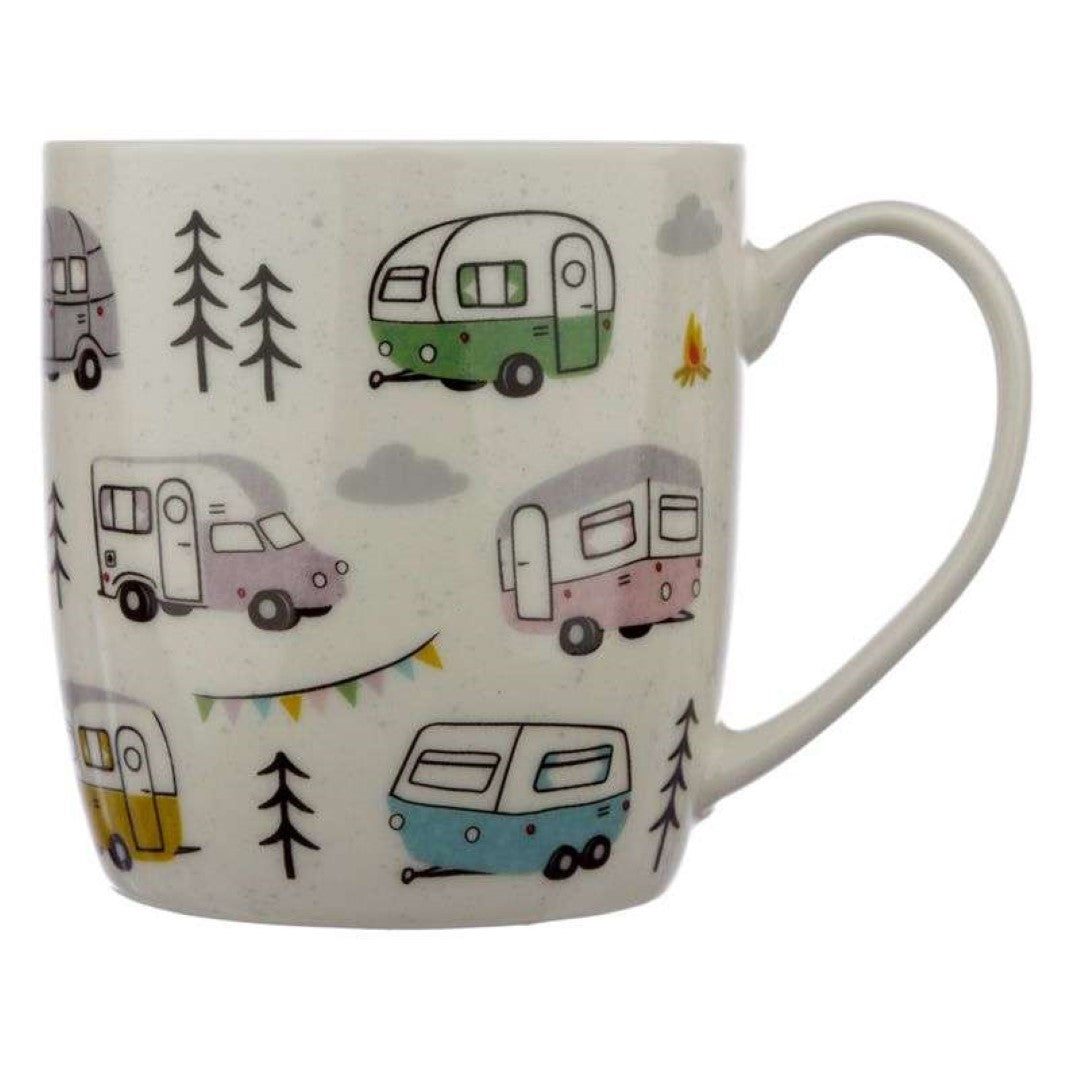 Porcelain mug featuring Wildwood Caravan design, 300ml capacity, microwave and dishwasher safe, perfect for daily beverages.