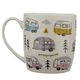 Porcelain mug featuring rustic Wildwood Caravan design, perfect for coffee or tea, microwave and dishwasher safe, 300ml capacity.