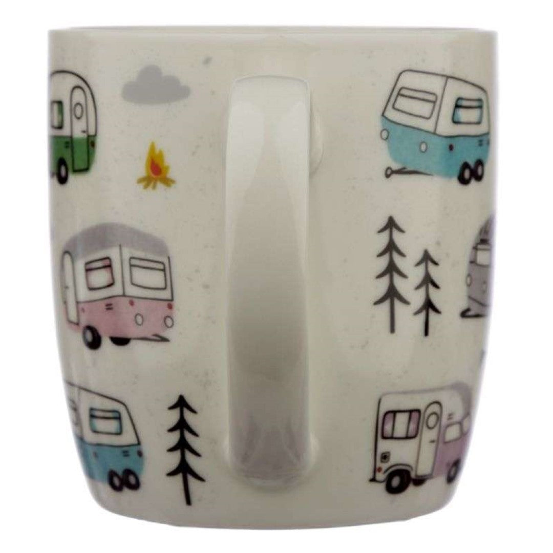 Porcelain mug with Wildwood Caravan design, 300ml capacity, perfect for coffee or tea, microwave and dishwasher safe.