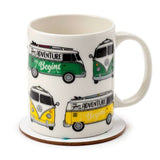 Porcelain mug and cork coaster set featuring iconic Volkswagen VW T1 Camper Bus, ideal for nostalgic sipping experiences.