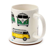 Porcelain mug and cork coaster set featuring the vintage Volkswagen T1 Camper Bus, perfect for nostalgic sipping.