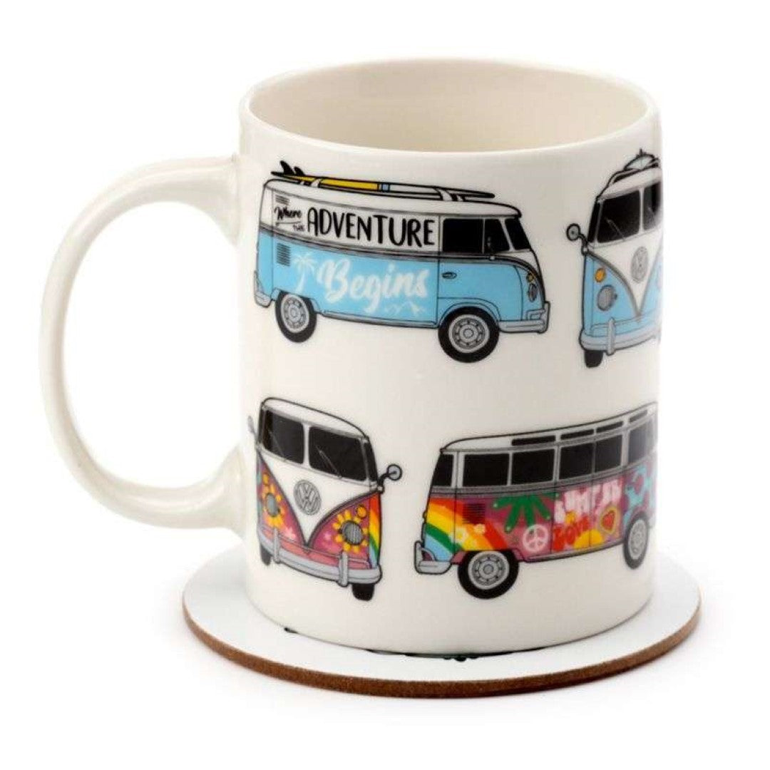 Porcelain mug and cork coaster set featuring the vintage Volkswagen T1 Camper Bus, perfect for nostalgic sipping moments.